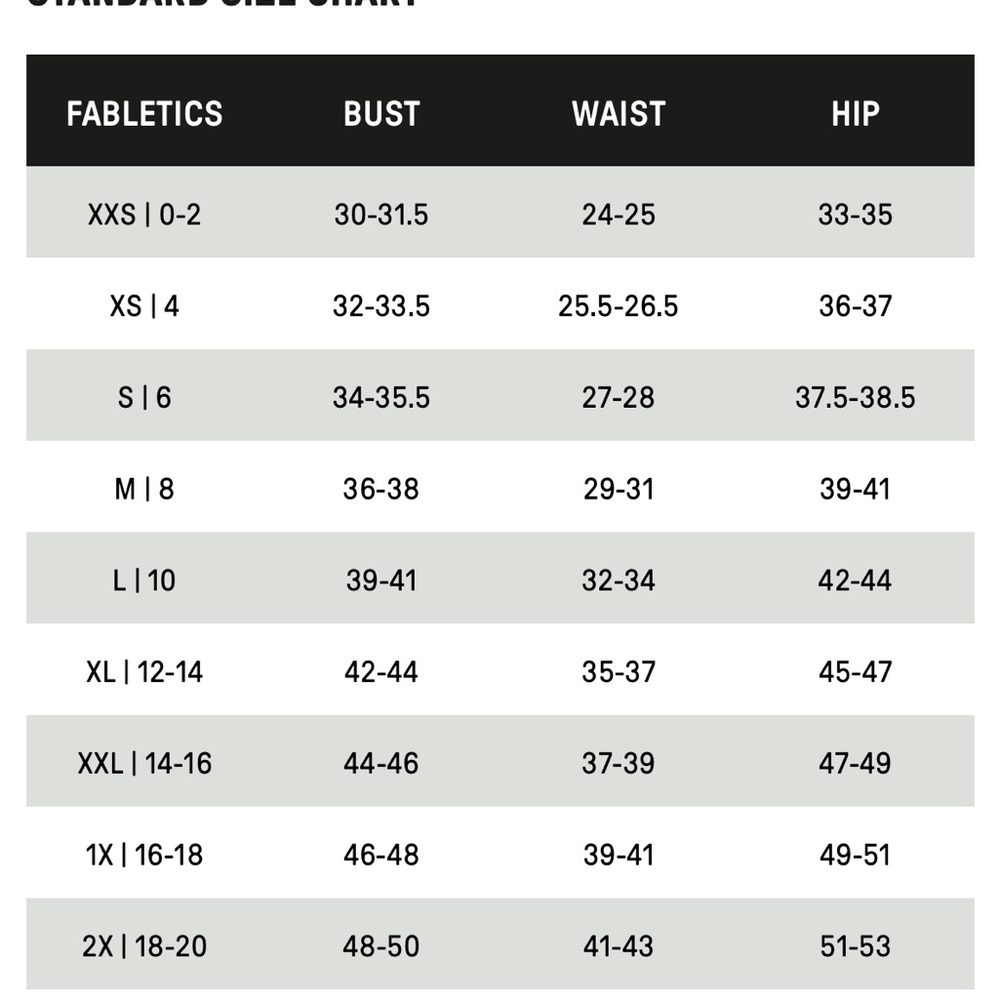 Fabletics Standard Size Chart - Picture 5 of 8